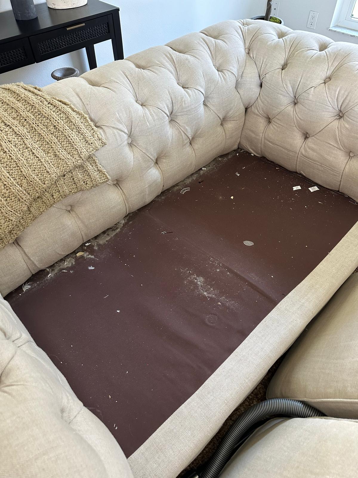 Dirty couch cushion area with debris before upholstery cleaning by Vicillas Cleaning Solutions St Petersburg FL