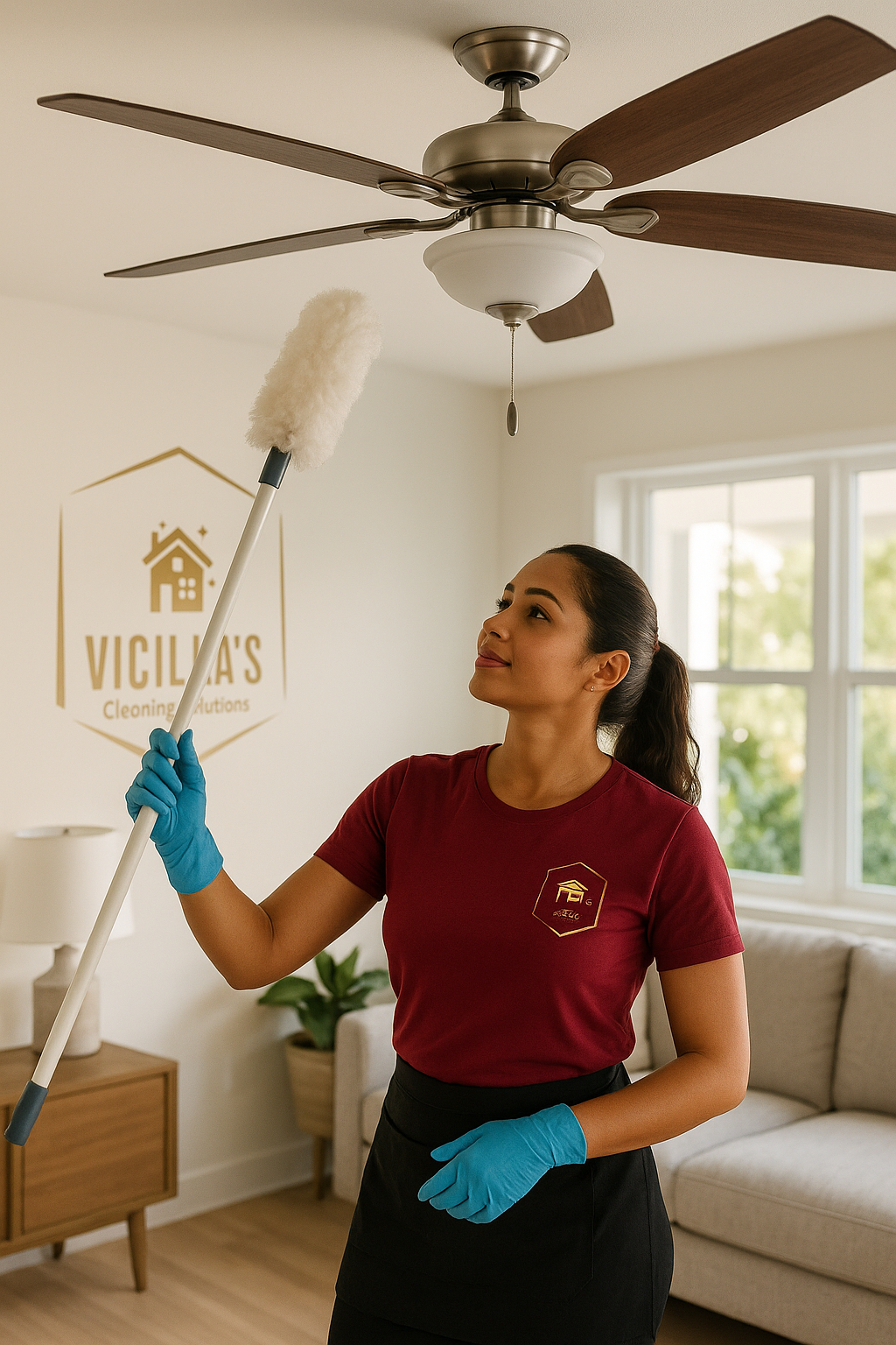 Professional ceiling fan cleaning service in Tampa Bay - Vicilla's Cleaning Solutions team member using extendable duster